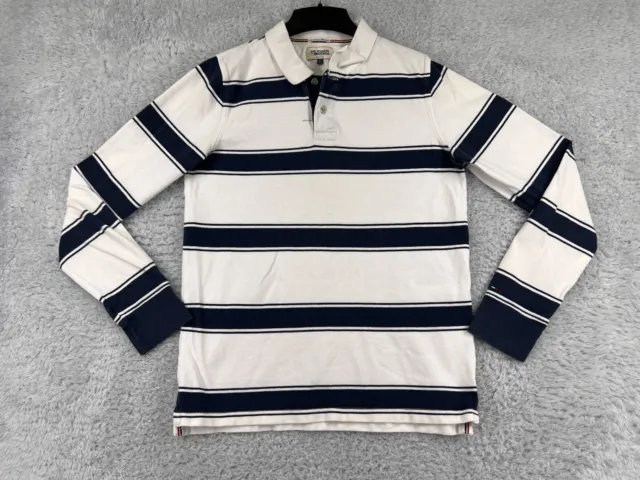 Tommy Hilfiger Boys Polo Shirt Blue White Striped Long Sleeve Rugby Style Large