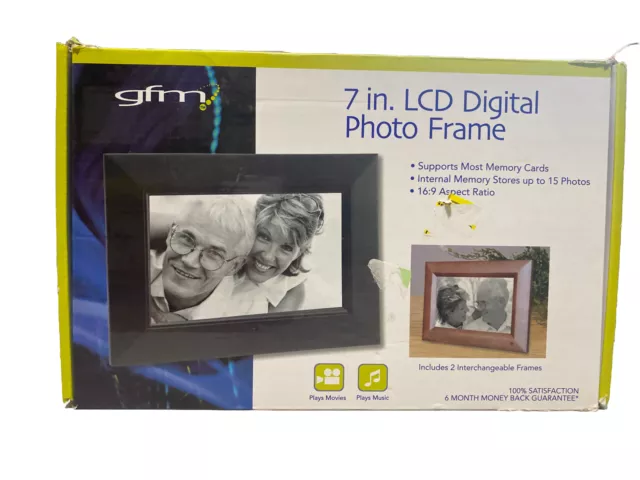 GFM 7” LCD Digital Photo Frame 2 Interchangeable Frames Plays Music Movies NIB