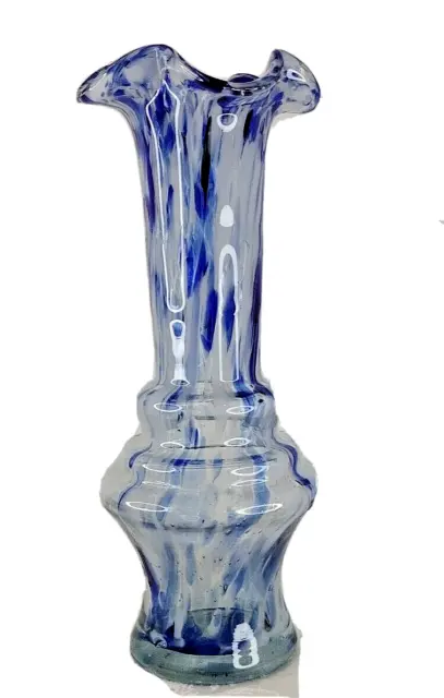 Hand Blown Vase Cobalt Blue & Light Blue Art Glass Ruffle Rim 13"X5"