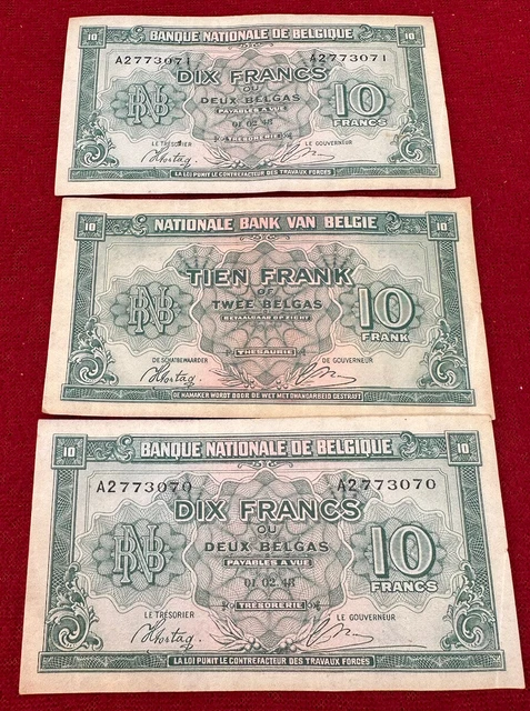 3 BELGIUM 1943 10 Dix FRANCS Paper Money Banknote Tien Frank Of Twee Belgas