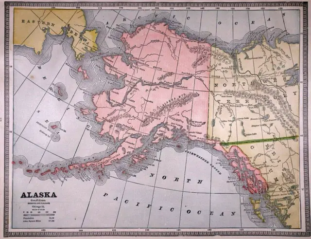 Old Antique 1885 Cram's Atlas Map ~ ALASKA / ALASKAN TERRITORY ~ Free S&H