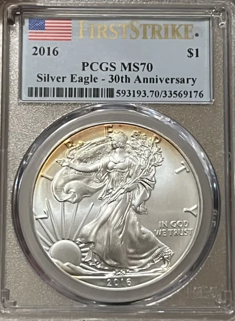 2016 SILVER EAGLE PCGS-MS70 FIRST STRIKE 30th ANNIVERSARY LIGHTLY TONED