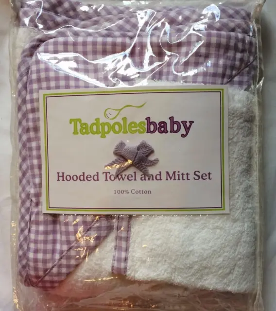 Tadpoles Baby Hooded Towel and Mitt Set NEW PACKAGE  Purple White Shower Gift