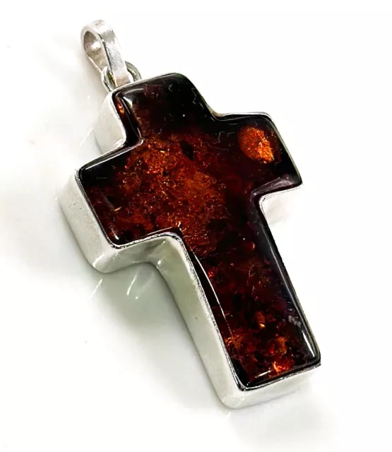 925 Solid Sterling Silver Real Cognac Baltic Amber Cross Large Beautiful Pendant