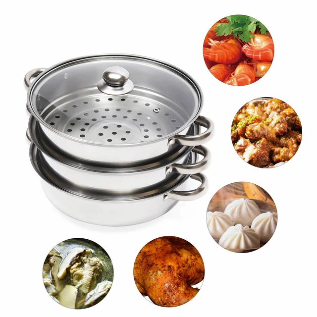 Cookware Cooker Steamer+Vented Glass Lid Silver 3Tier Stainless Cooker Steam Pot