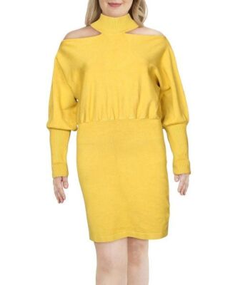 $158 Guess Yellow Mock Neck Cutout Balloon-Sleeve Sweater Dress Size S NWOT