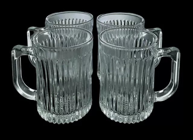 Vintage Set of 4 Gibson Royal Crest Clear Glass Ribbed Mugs 10 oz. Excellent