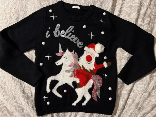 Christmas Sweater Xmas Unicorn christmas jumper age 9 girls Santa NEXT sequin