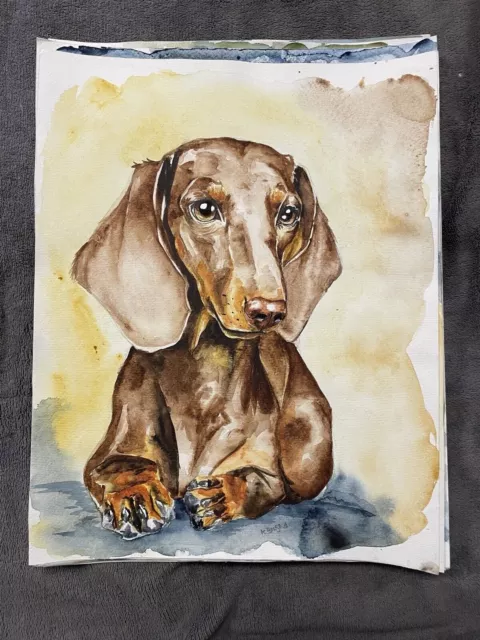 COA Original Kunst Aquarell Gemälde Dackel Hundeportrait Tier 11"x14"