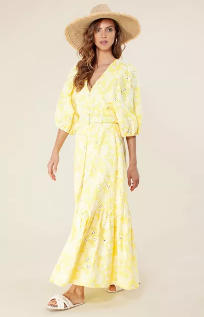 HALE BOB XL 'Gail' Yellow Embroidered Button Closure 3/4 Sleeve Lined Maxi Dress