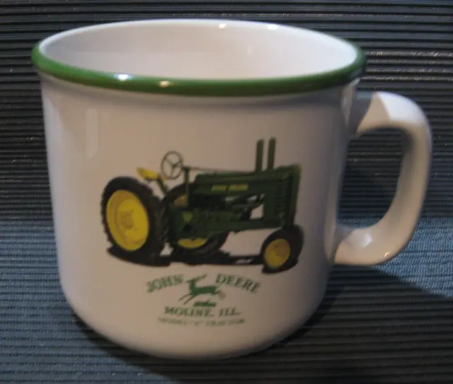 John Deere Coffee Mug Model A Tractor White Cup Green Rim Moline IL 4" WIDE