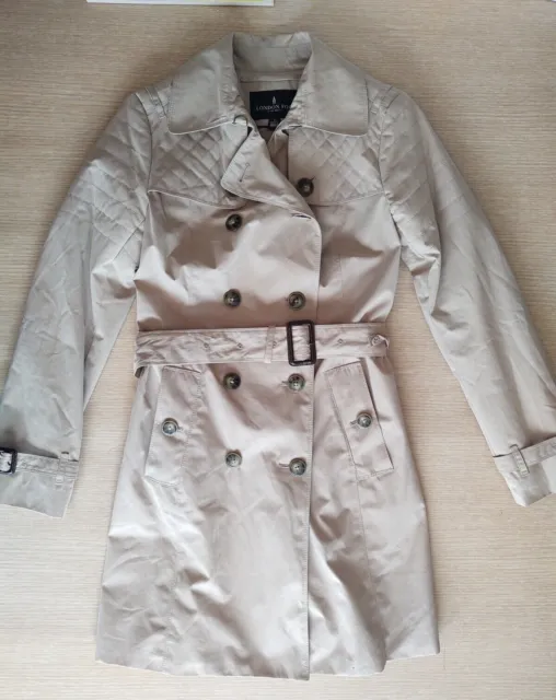 London Fog Womens Double Breasted Tan Beige Belted Trench Coat Size S