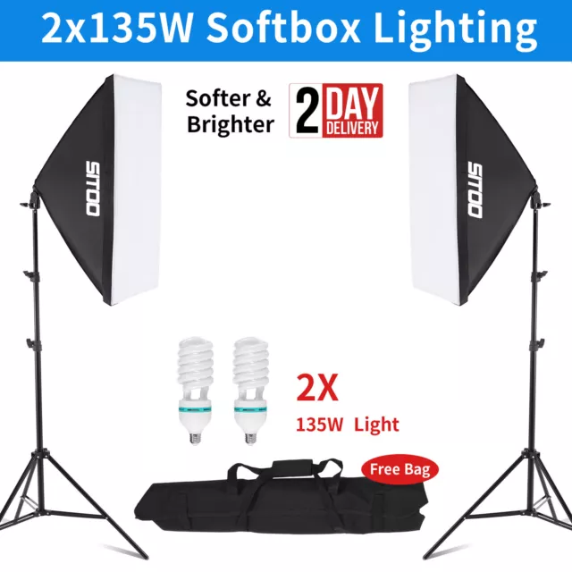 2X 135W Softbox Photo Continuous Lighting Soft Box Light Stand Studio Kit Video