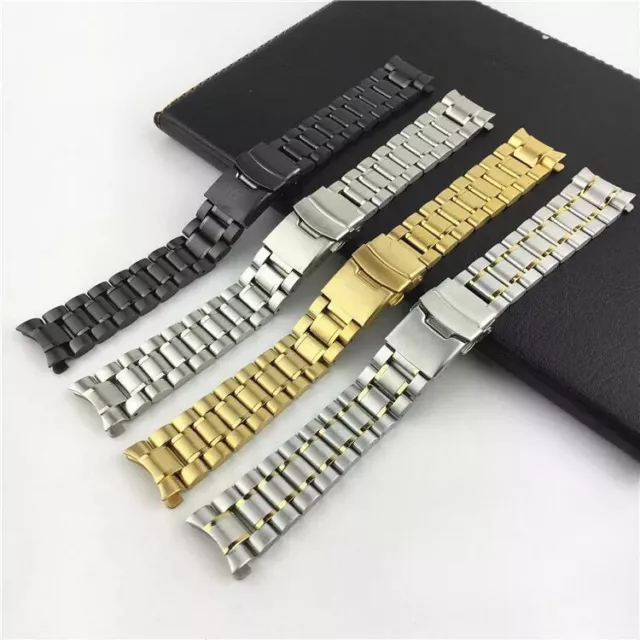 5 Beads Solid Metal Stainless Steel Watch Strap Band Curved End 18/ 20/22/24mm