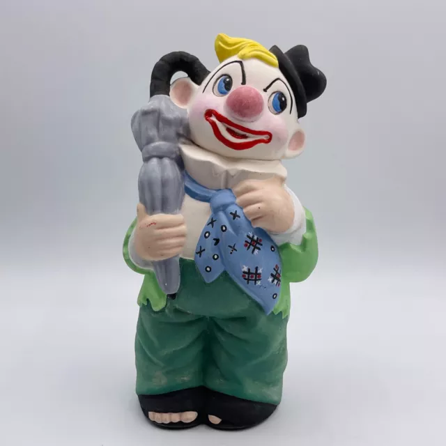 VTG Piggy Bank CLOWN Happy Colorful Hand Painted Figure CIRCUS Umbrella Hat 7”