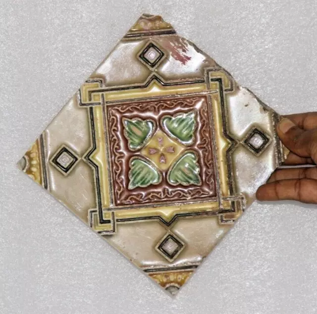 1940s Vintage Architecture Furniture Tile 2Pc Floral Majolica Art Nouveau JAPAN