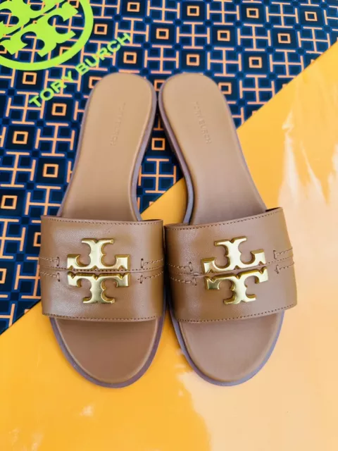 NIB Tory Burch Everly Slide Sandals Calf Leather Gold Logo Tan Color MANY SIZES