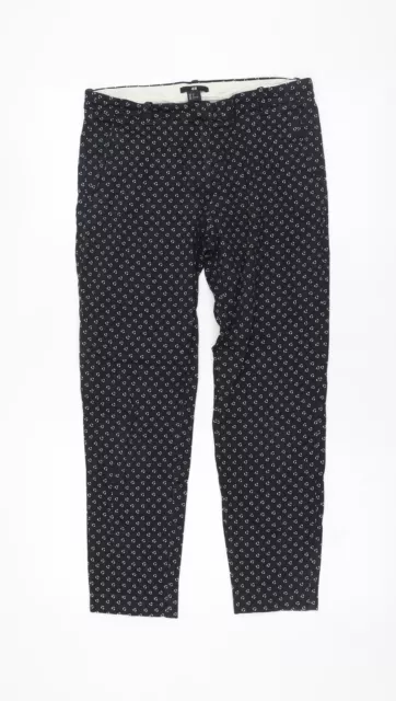 H&M Womens Black Geometric Cotton Chino Trousers Size 8 L25 in Regular Zip