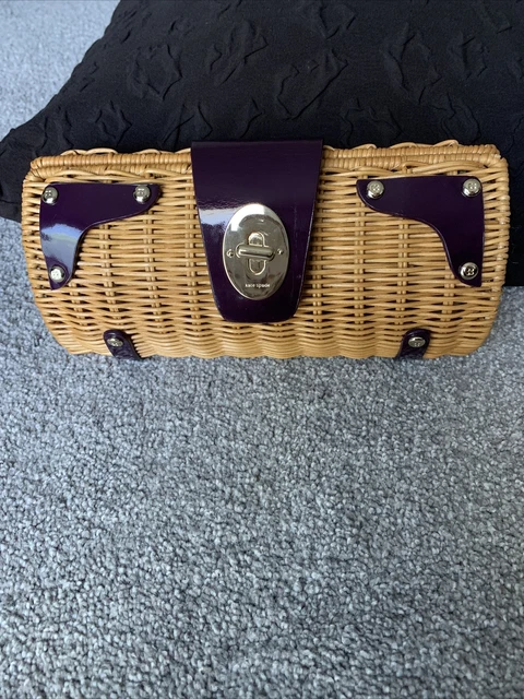 Kate Spade Wicker basket wovenClutch purple Leather gold Purse Handbag 9x5" A88