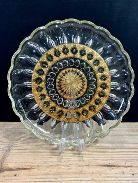 Vintage Culver Valencia 22k Gold Green Round Glass Platter Serving Plate 10"MCM