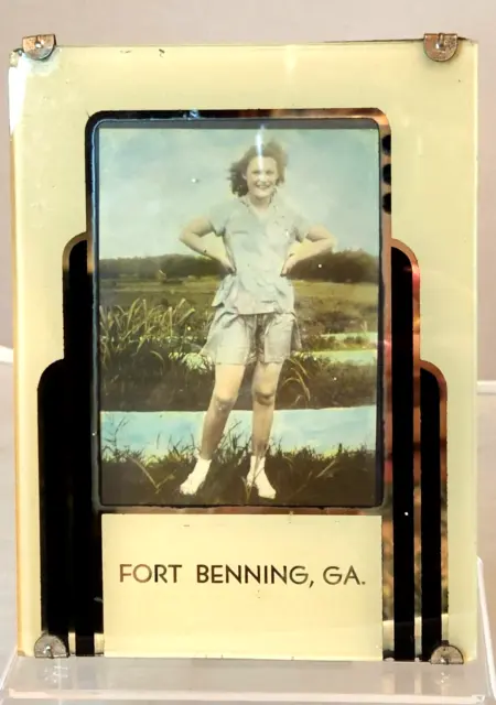 HTF WWII Fort Benning Georgia Glass Picture Frame, Art Deco With Vintage Photo