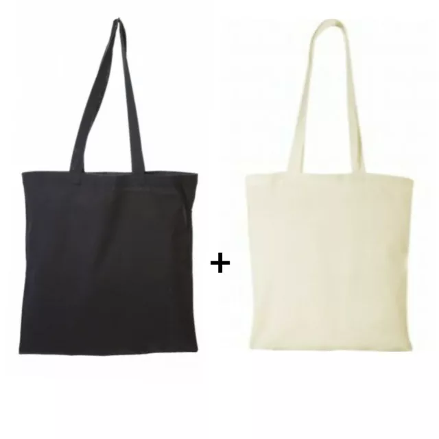 2 Plain Black Natural Eco Cotton Tote Bag Shopper Grocery Shopping Handbag Life