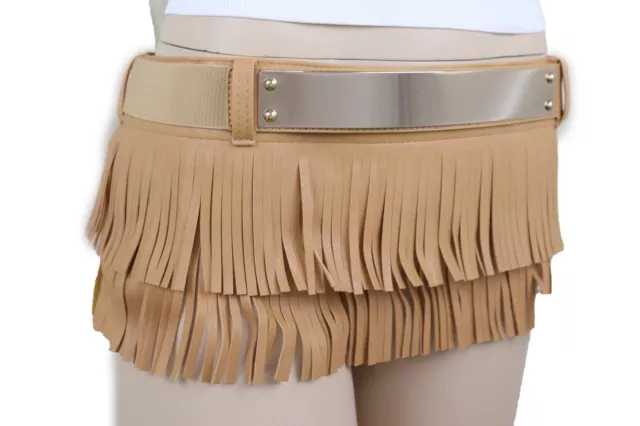 Mujer Beige Piel Sintética Falda Corbata Flecos Cuerda Danza Cinturón Oro Metal