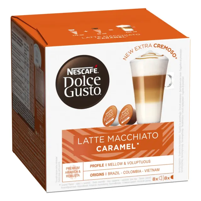 Nescafe Dolce Gusto Coffee Capsules, Caramel Latte Macchiato 16 Single Serve Pod