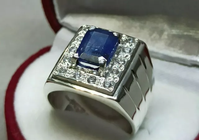 Natural Emerald Cut Blue Sapphire Sterling Silver 925 Handmade Neelam Women Ring