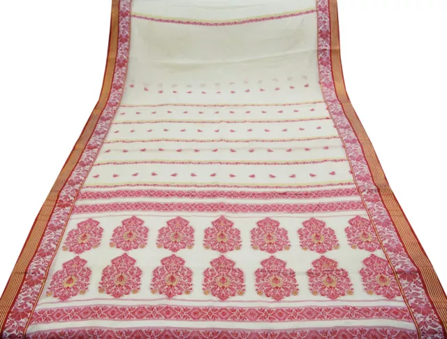 Vintage Off-White Saree Pure Cotton Hand Woven Indian Sari Fabric 5Yard Zari 2