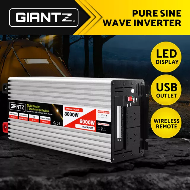 Giantz Power Inverter 3000W/6000W 12V to 240V Pure Sine Wave Camping Car Boat