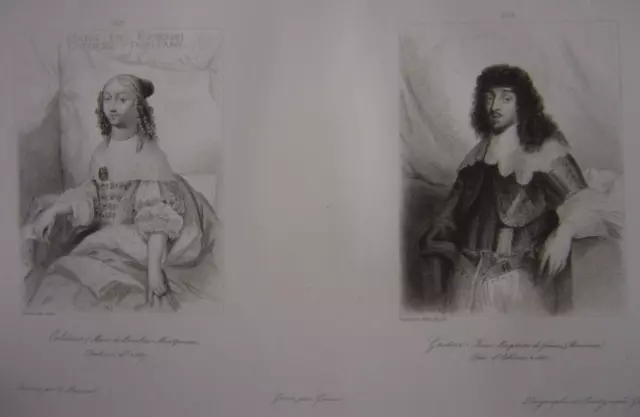 Grande gravure Portraits Gaston Jean Baptiste de France Duc d'Orléans + Duchesse