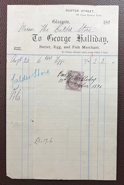1896 George Halliday, Butter & Fish Merchant, Porter Street, Glasgow Invoice