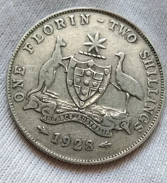 FLORIN  1928 Australian florin Silver Coin, Fine grade near Antique