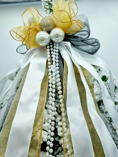 White Gold Grey Christmas Tree Topper Bow Large Handmade Luxury Bows Decor Bow