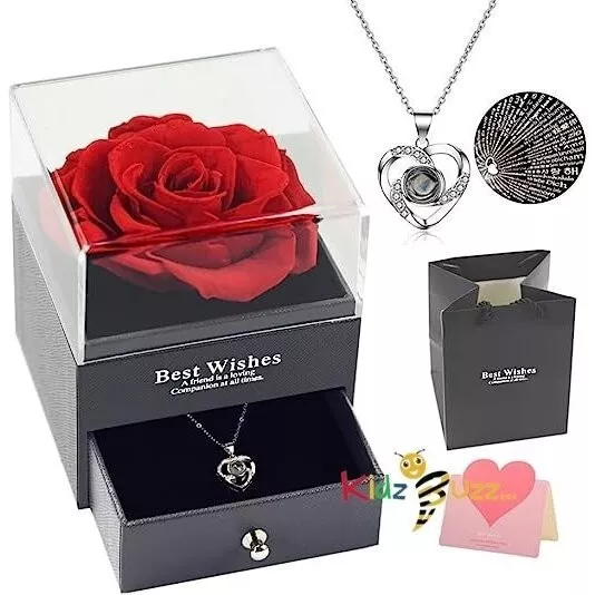 Preserved Rose with I Love You Necklace Gift Box Perfect Gift ForYour Loved Ones