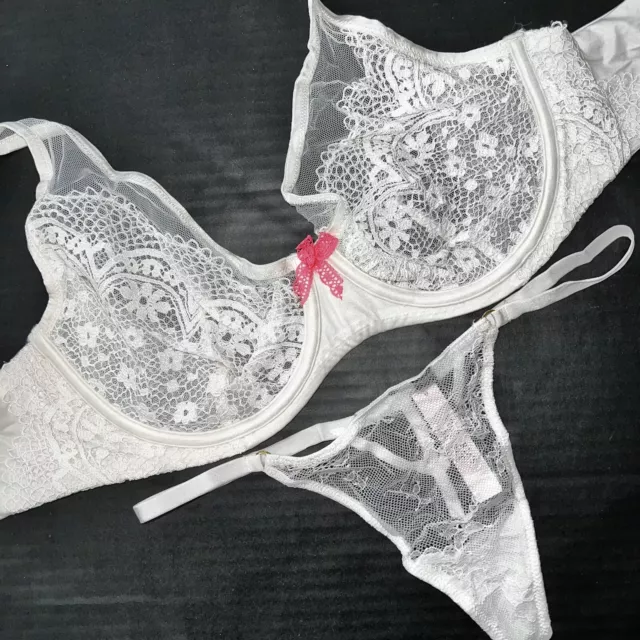 Nwt Victoria's Secret Nicht Gefüttert 34DD Bh Set M Tanga Kokosnuss Weiße Spitze