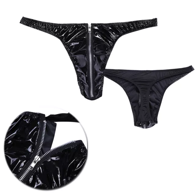 Mens Wet Look Leather Bikini Briefs Thong Front Zipper G-String Underwear Sexy