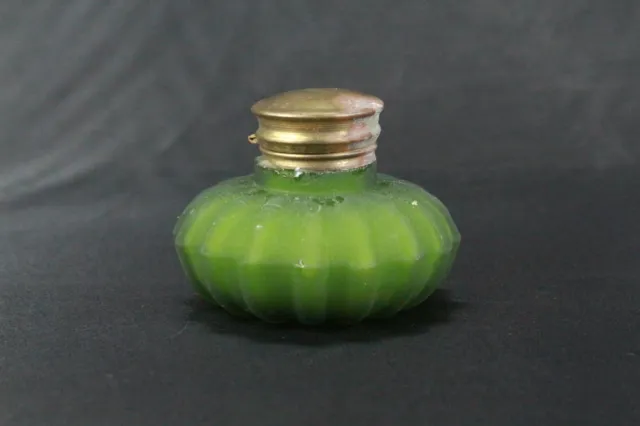 Vintage Handmade Green Glass Ink Pot with Brass Cap, Collectible Inkwell