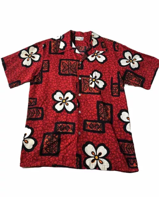 Vintage 60s Hukilau Fashions Hawaiian Floral Shirt Mens XL Barkcloth Cotton Red