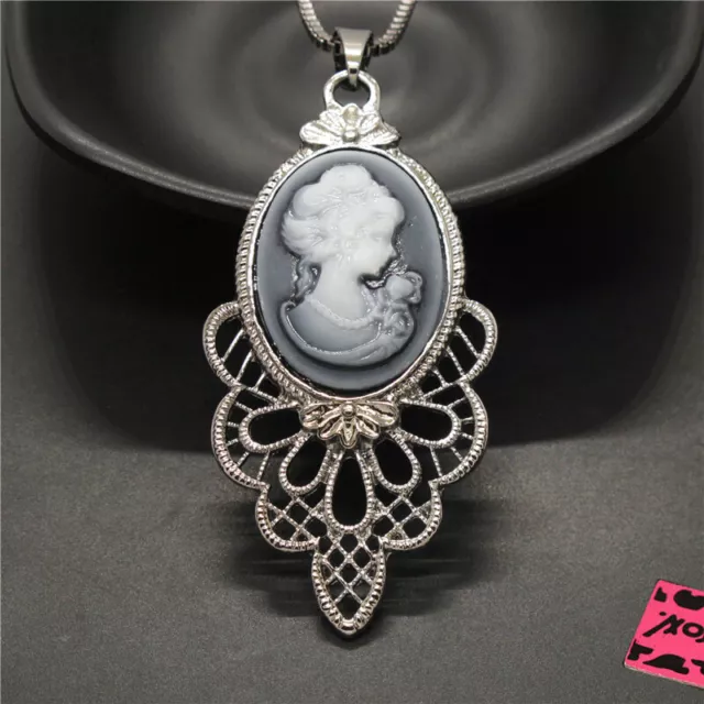 New Fashion Women  Grey Bling Retro Girl Relief Crystal Pendant Lady Necklace
