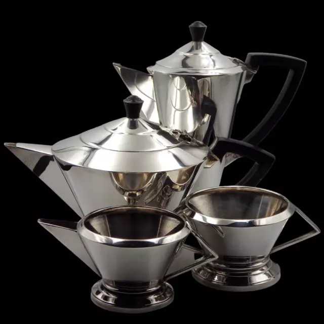 ART DECO 1930s Art Deco Silver Plated Conical FOUR PIECE TEASET