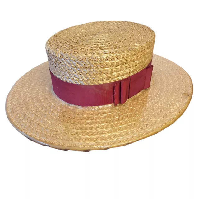 Vintage Ridgmont Straw Hat Unisex Boater Style Red Ribbon