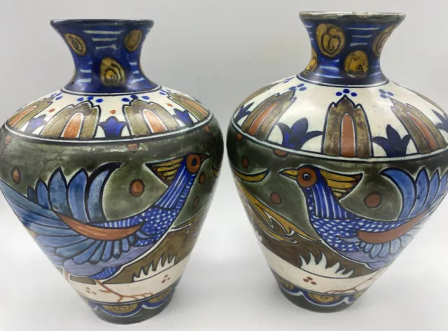 Pair Arts and Crafts Nouveau Gouda Stylised Peacock PZH Liberty Co Pottery Vases