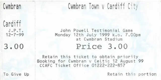 1999/2000    CWMBRAN TOWN v CARDIFF CITY  John Powell Testimonial   Match Ticket