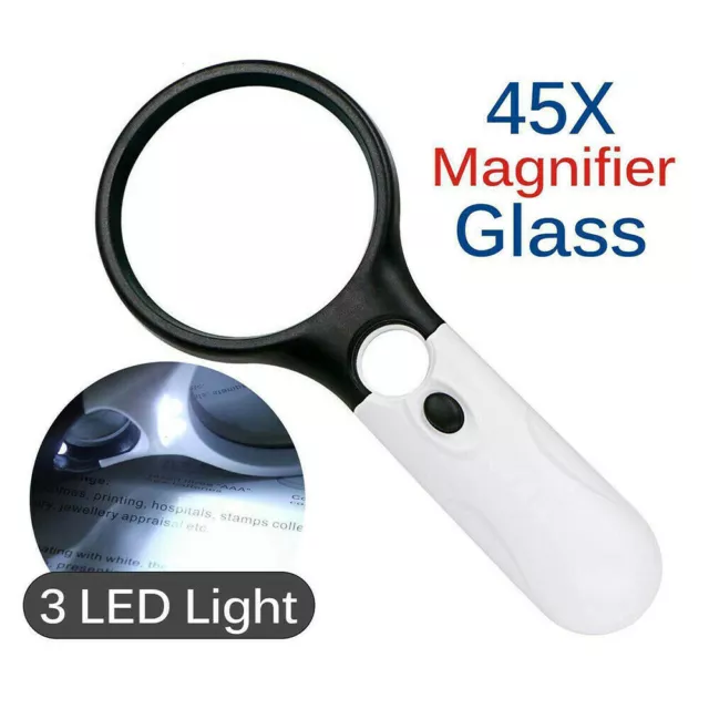 3 LED Light Handheld Magnifier 3X 45X Reading Magnifying Glass Jewelry Loupe