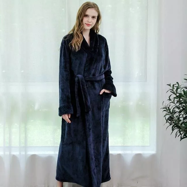 Grande Taille Flanelle Robe Extra Long Chaud Peignoir Homme Femme Épais Hiver 2