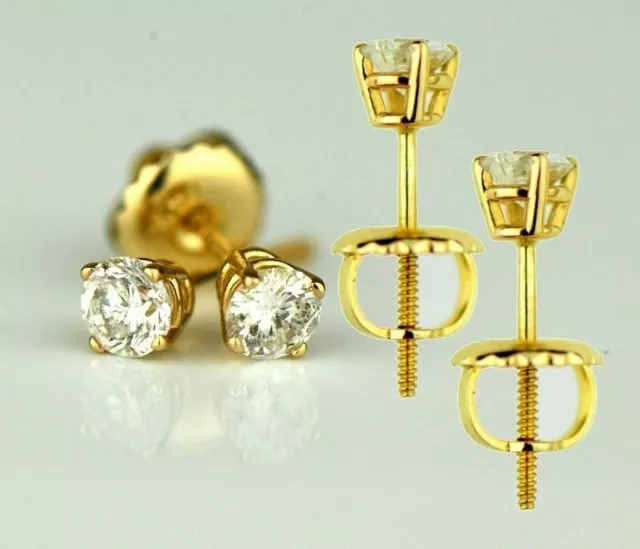 14k Solid Yellow Gold Diamond Stud Earring with Screw Back