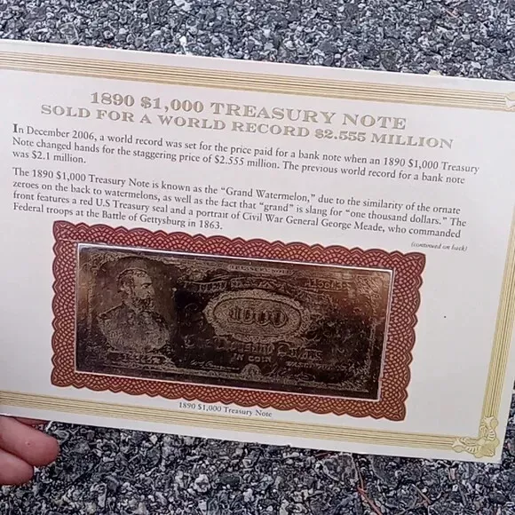 Gold Foil  1890 $1000 Treasury Note Danbury Mint