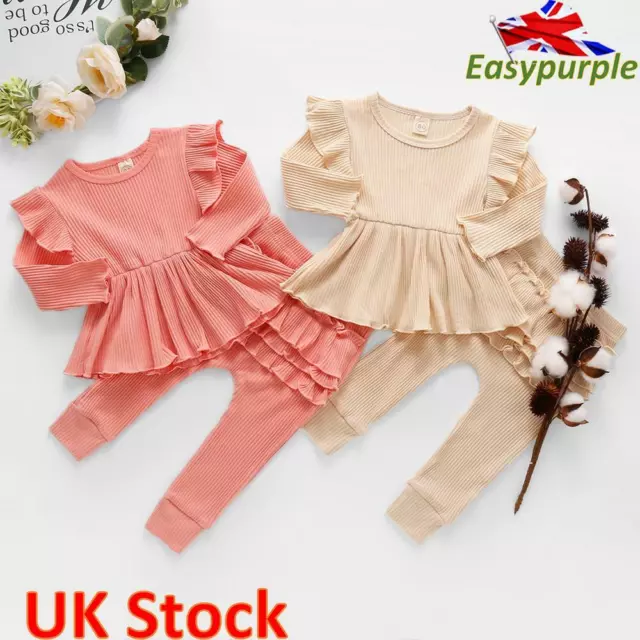 Toddler Baby Girls Kids Clothes Ruffle Ribbed Long Sleeve Tops+Pants Set Outfits